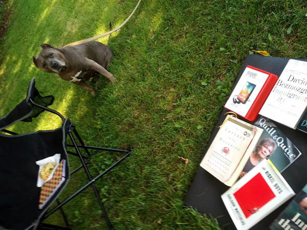 Dog attends silent book club in the park