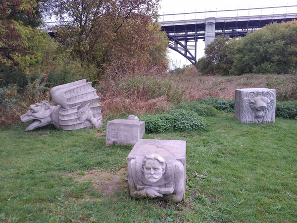 Duane Linklater's Monsters for Beauty, Permanence and Individuality installation of gargoyle sculptures in the Lower Don River Valley