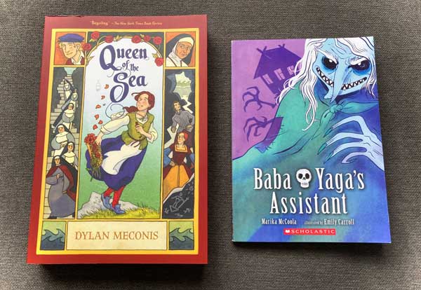 September 2021 YA selections from our silent book club, including Queen of the Sea by Dylan Meconis and Baba Yaga’s Assistant written by Marika McCoola and illustrated by Emily Carroll