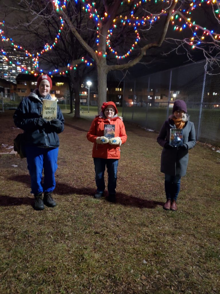 Silent book club in the park in winter