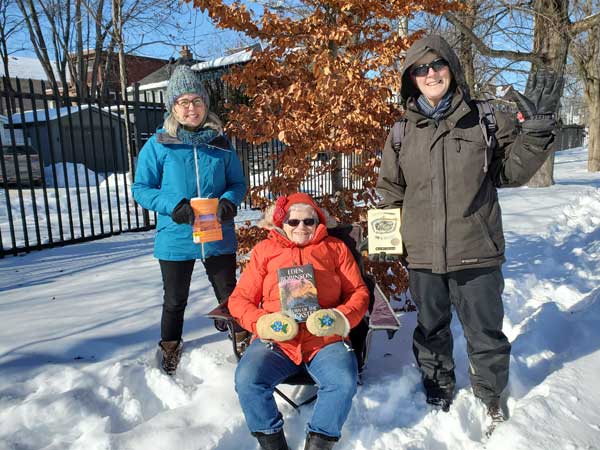 Silent book club members Catherine, Jo and Sue in snowy Stephenson Park