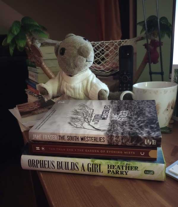 Silent book club member Kathryn's book stack, with Squizzey in attendance