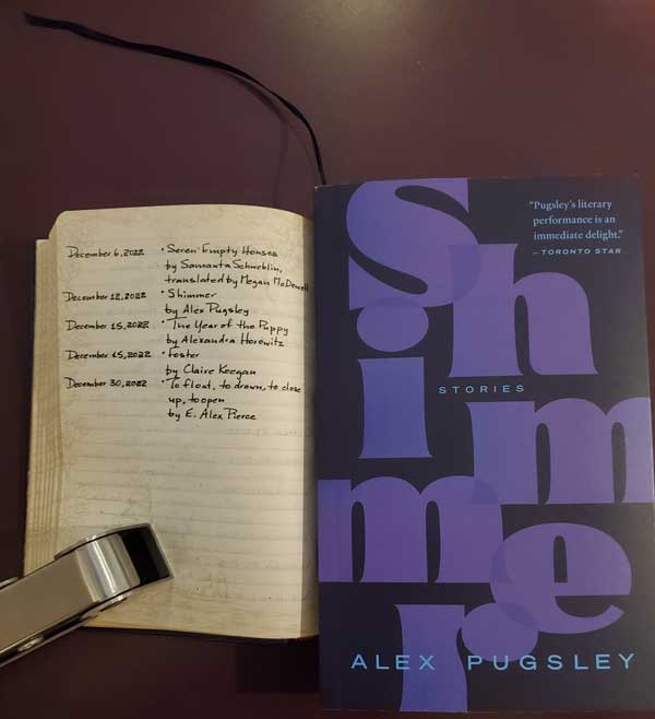 My 2022 year in reading, reflected in a page of my handwritten Book of Books, next to the short story collection Shimmer by Alex Pugsley