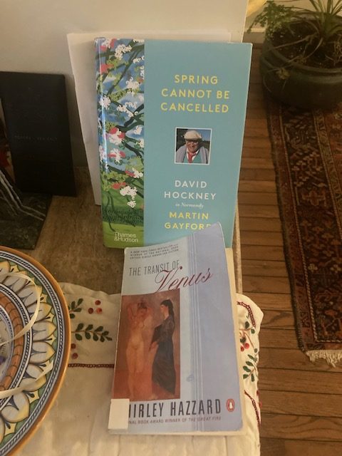 Silent book club member Philippa's books, including titles about David Hockney and by Shirley Hazzard, are arranged with a decorated plate, a house plant and a worn but handsome rug