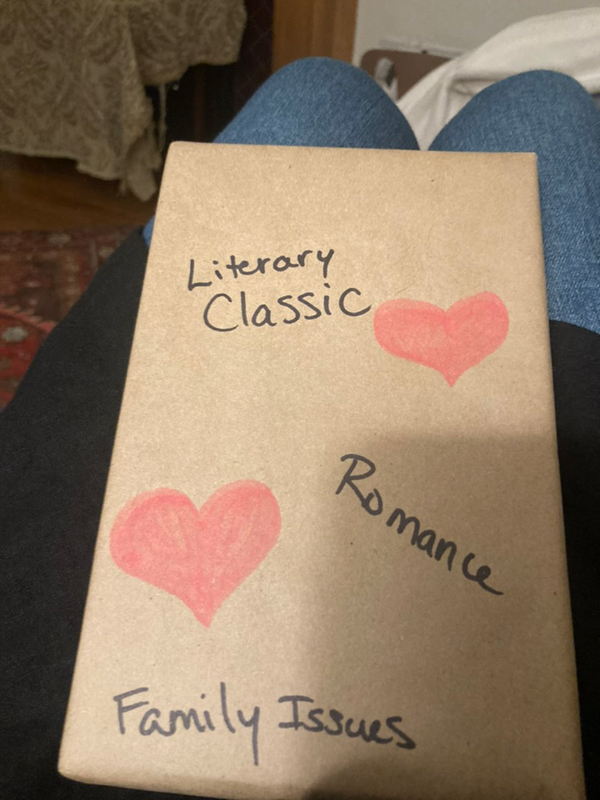 Silent book club member Philippa's Blind Date with a Book (wrapped in brown paper) turns out to be Pride and Prejudice by Jane Austen