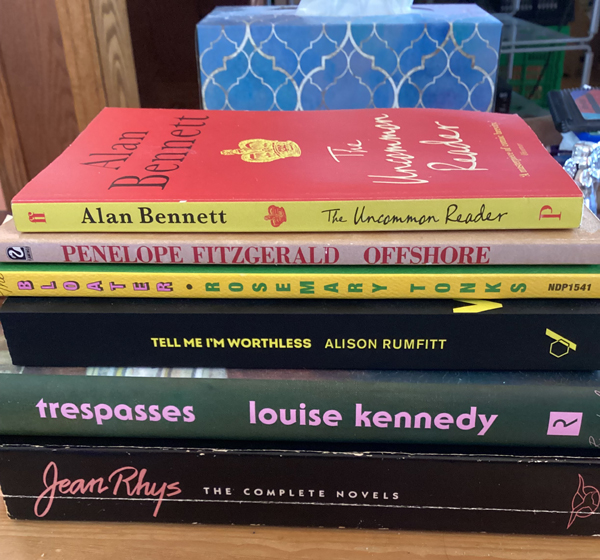 Silent book club member Sue R's book pile of recent reading includes Trespasses by Louise Kennedy