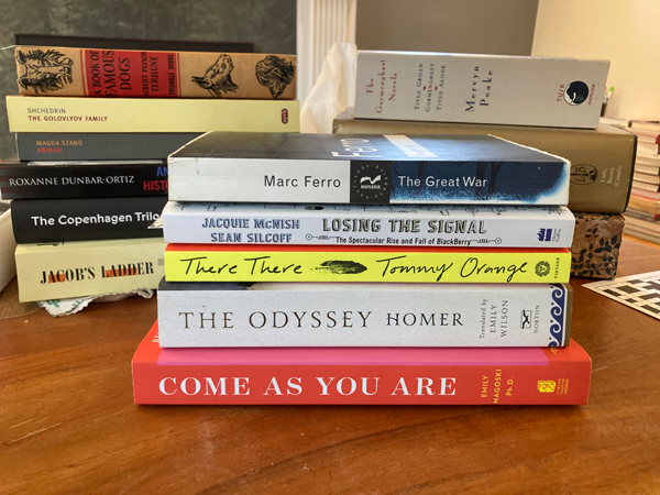 Piles of silent book club member Emily's books, including Come As You Are by Dr Emily Nagoski