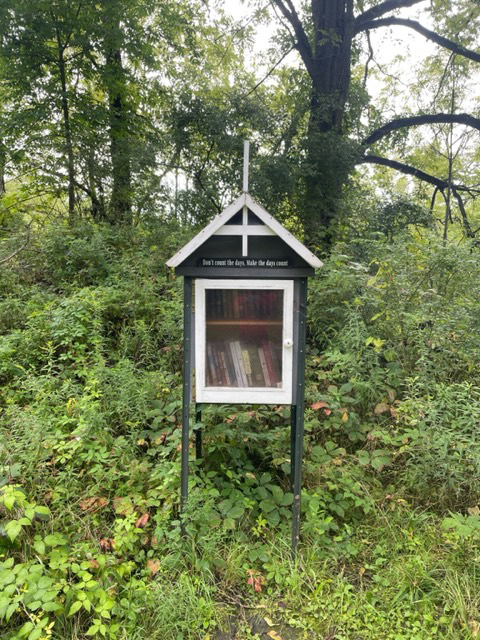 While away running a weekend marathon, silent book club members Jenn and Sven spotted a Little Free Library box on the running/hiking trail. The LFL is nestled amidst trees.