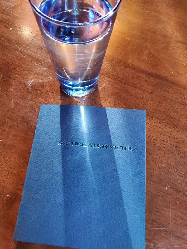 Poetry work Beasts of the Sea by Kate Sutherland, with a bright blue cover, next to a blue drinking glass filled with water