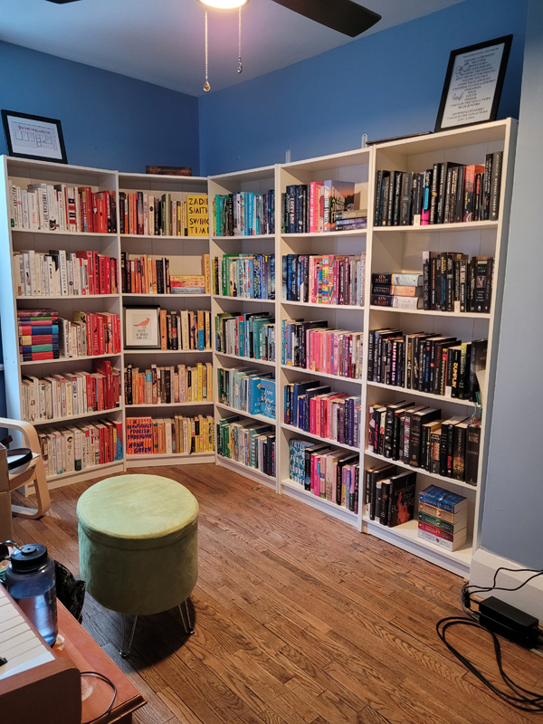 Silent book club member Amber's beautiful bookshelves, white shelves across two joining blue walls, books grouped colourfully, with a light green upholstered reading stool nearby
