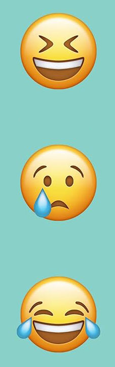 Emojis showing faces laughing, crying and laughing with tears, taken from the cover of the book Crying Laughing by Lance Rubin.