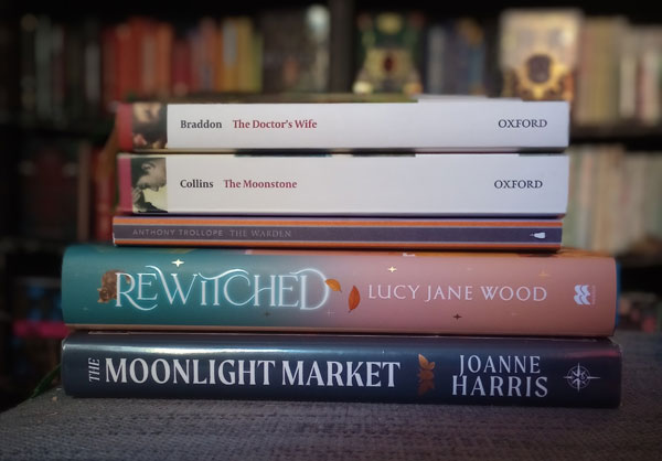 Silent book club member Kath's recent reading, including The Doctor’s Wife by Mary Elizabeth Braddon, The Moonstone by Wilkie Collins, Rewitched by Lucy Jane Wood and The Moonlight Market by Joanne Harris