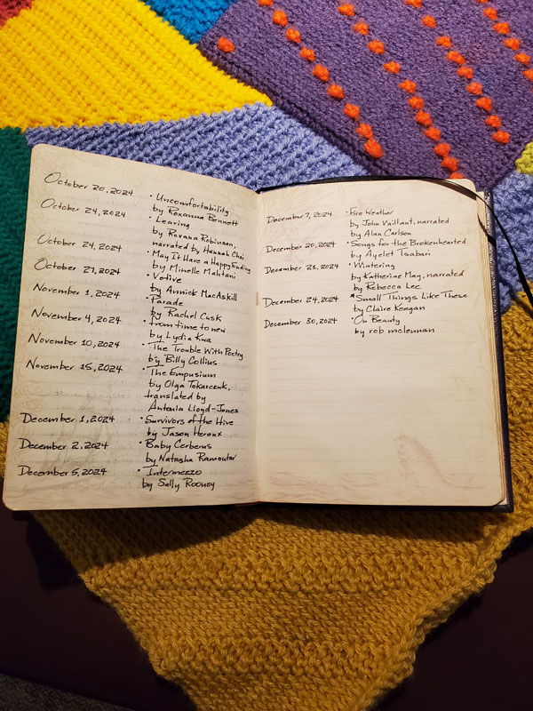 My treasured Book of Books (purple leather bound volume logging books read every year since 1983) sits on a colourful crocheted afghan work in progress. The Book of Books is open to two pages of reading that I logged 2024 - from October 20 to December 30, ranging from books by Roxanna Bennett to rob mclennan.