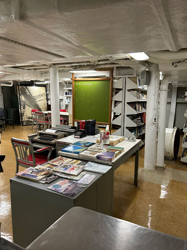 Silent book club member Lisa views the crew library of the Battleship Missouri, part of a Pearl Harbor historic site [Photo by Lisa]