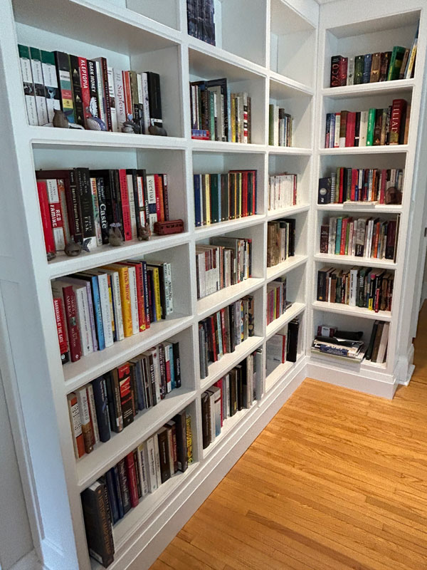 Silent book club member Emily's magnificent bookshelves, filled with books (Photo by Emily Petroff)