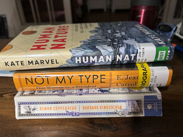 Silent book club member Jess' book pile: Not My Type by E. Jean Carroll, Human Nature by Kate Marvel and Demon Copperhead by Barbara Kingsolver - Photo by Jess Bootsma