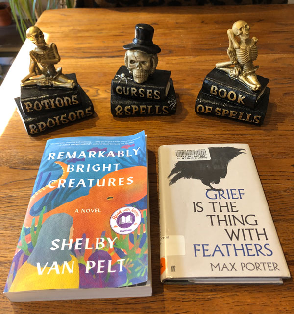 Silent book club member Jen's books: Remarkably Bright Creatures by Shelby Van Pelt and Grief is the Thing With Feathers by Max Porter (Photo by Jennifer Foster)