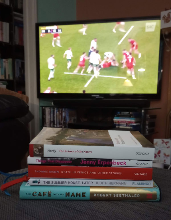 Silent book club member Kath's books (and a rugby match on the TV in the background), including The Cafe With No Name by Robert Seethaler and Things That Disappear by Jenny Erpenbeck (Photo by Kathryn Eastman)