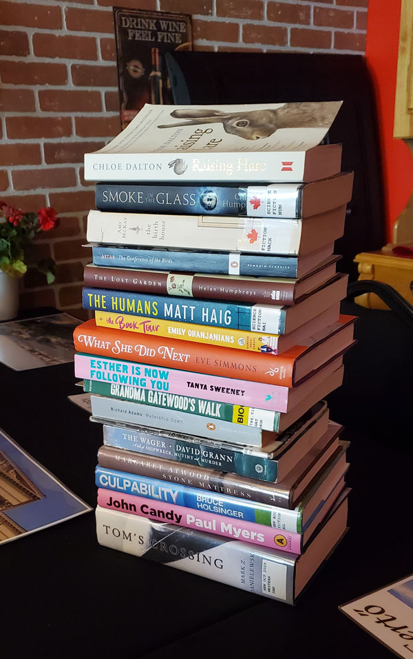 Towering pile of the collected books being read by east end Toronto silent book club members at the meeting at Budapest Restaurant (Photo by Vicki Ziegler)