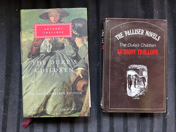 Some of silent book club member Helen's recent reading - two editions of the final volume of Trollope’s Palliser series. The one on the left is the modern reissue that restores the cuts that Trollope’s publisher required him to make. (Photo by Helen Gunnarsson)