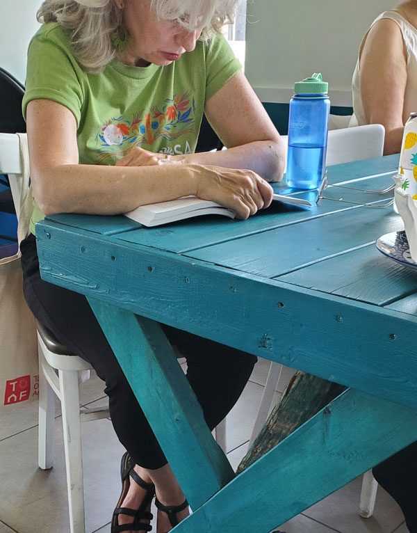 Silent book club member Catherine reads Said the Dead by Doireann Ní Ghríofa at Sprouty Cafe. (Photo by Vicki Ziegler)