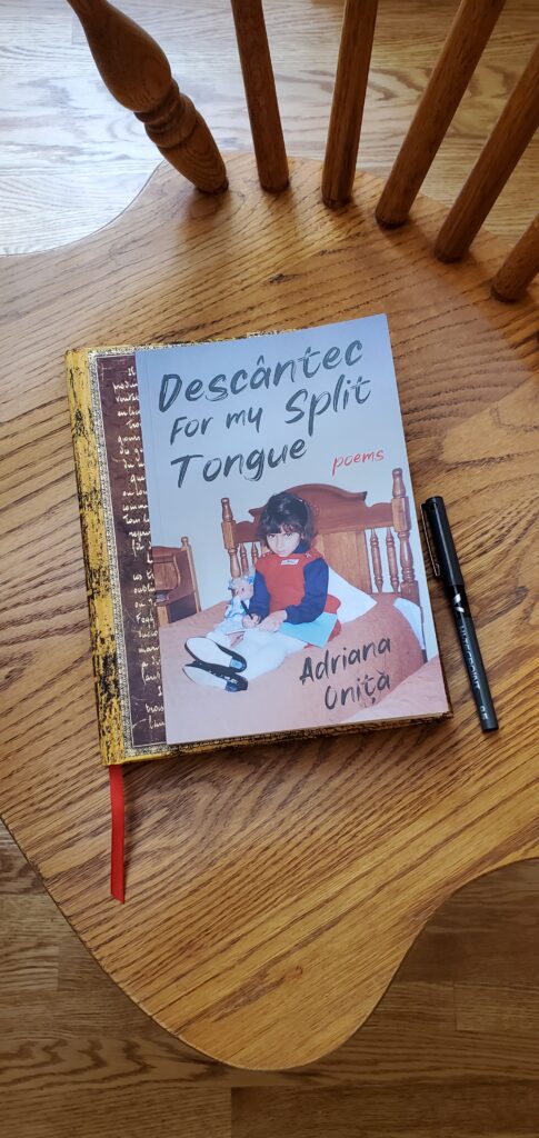 Poetry collection Descântec For My Split Tongue by Adriana Oniță (Palimpsest Press) sits on a wooden chair with a notebook with an ornate cover and a black felt tip pen