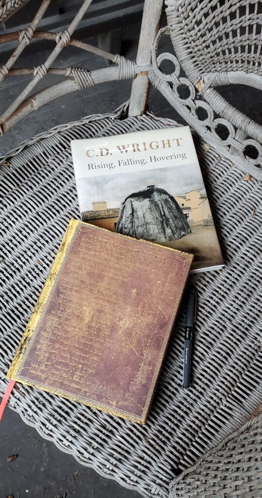 Poetry collection Rising, Falling, Hovering by C.D. Wright (Copper Canyon Press) sits on a faded wicker chair with a notebook with an ornate gold cover