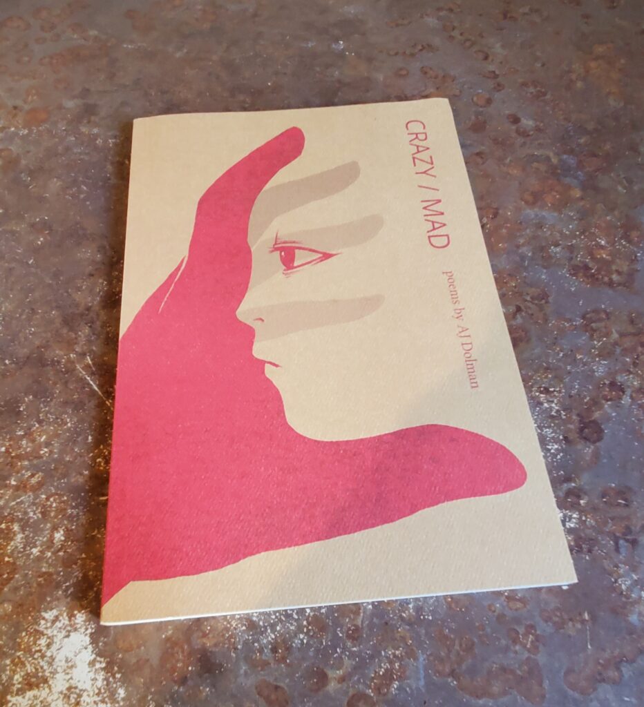 Poetry collection Crazy/Mad by AJ Dolman (Gordon Hill Press), with its striking cover of a merged image of a hand and a face, sits on a rust-coloured countertop