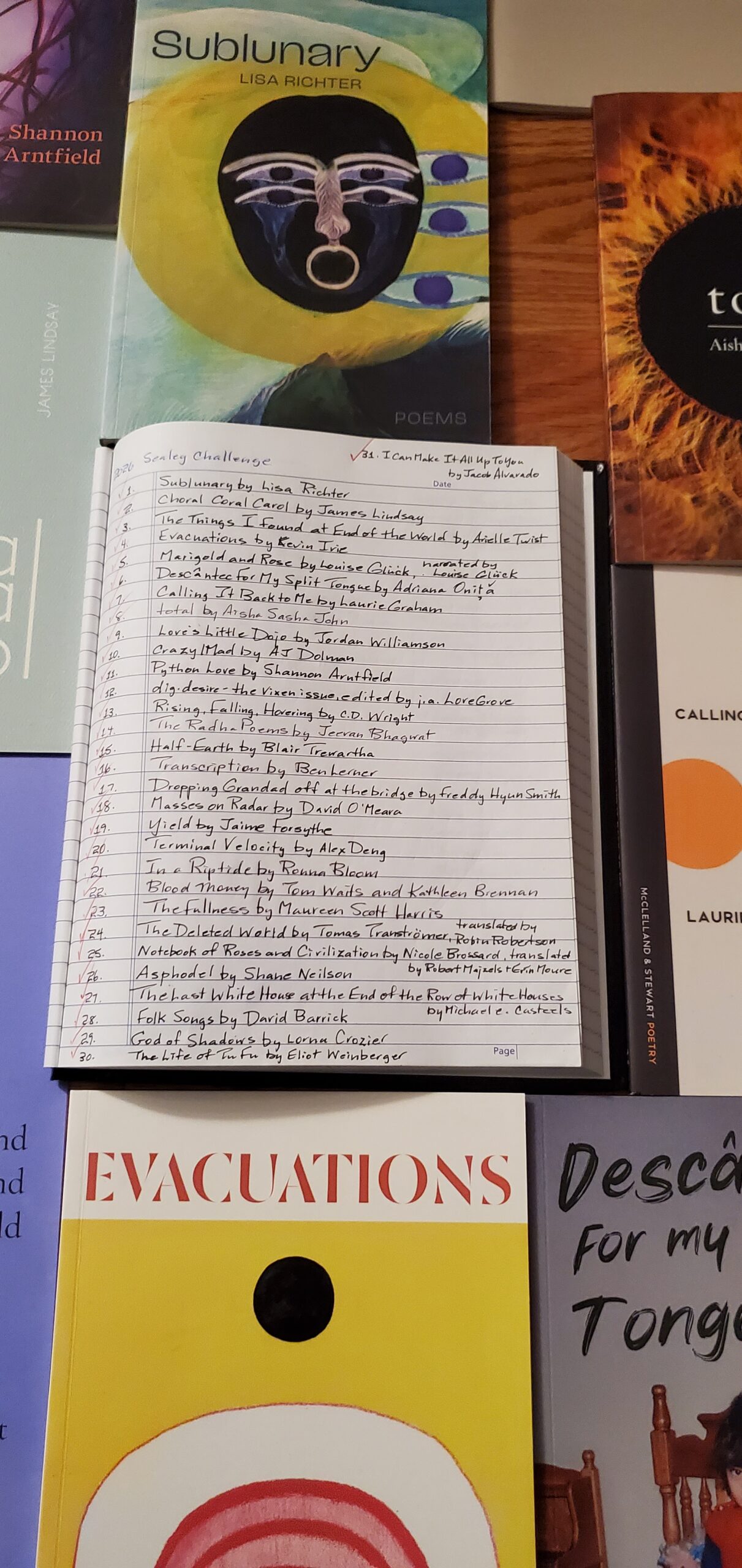 Handwritten listing of my 2026 Sealey Challenge poetry reading