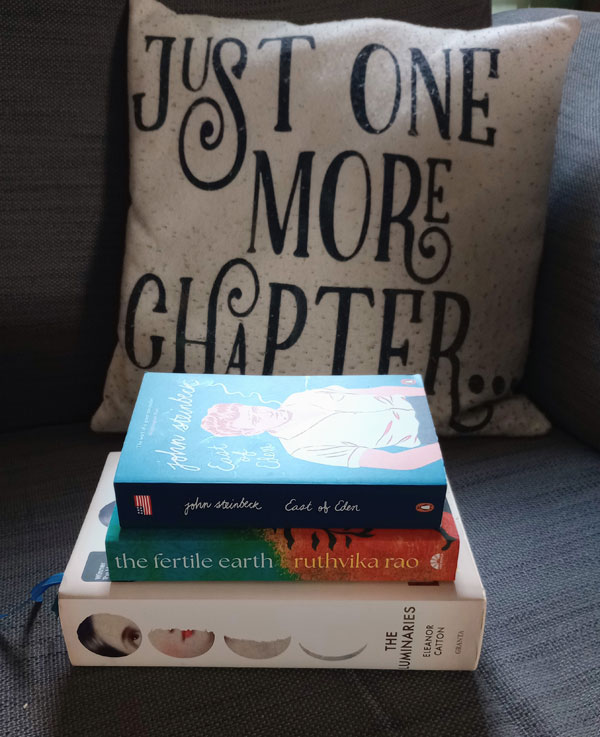 Silent book club member Kathryn's recent reading, including The Fertile Earth by Ruthvika Rao, stacked on a sofa in front of a cushion with the caption 'Just One More Chapter ...' (Photo by Kathryn Eastman)